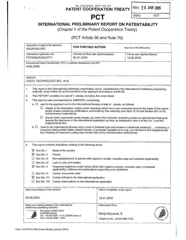 Canadian Patent Document 2515510. PCT 20070323. Image 1 of 7