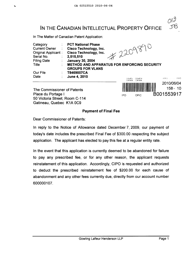Document de brevet canadien 2515510. Correspondance 20100604. Image 1 de 2