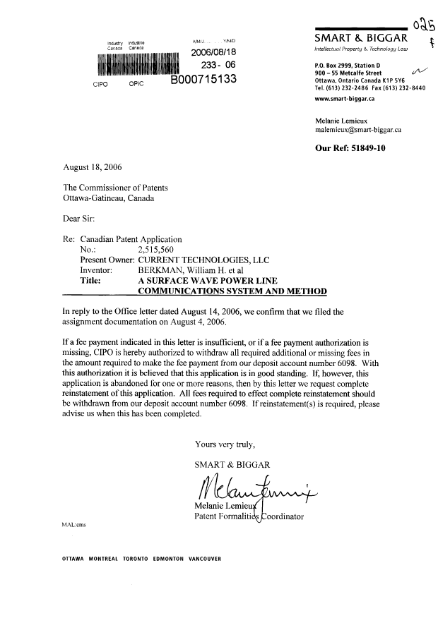 Document de brevet canadien 2515560. Cession 20060818. Image 1 de 1