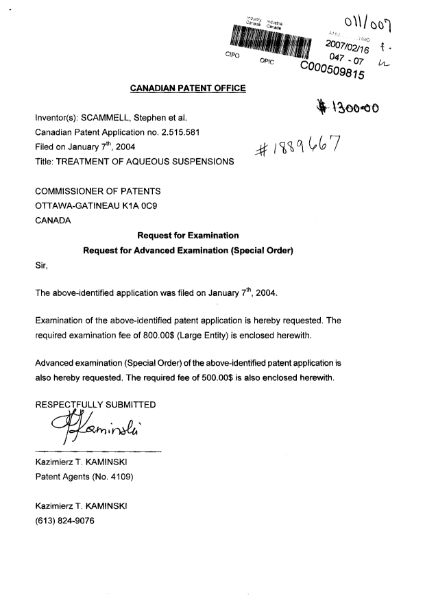 Canadian Patent Document 2515581. Prosecution-Amendment 20061216. Image 1 of 1