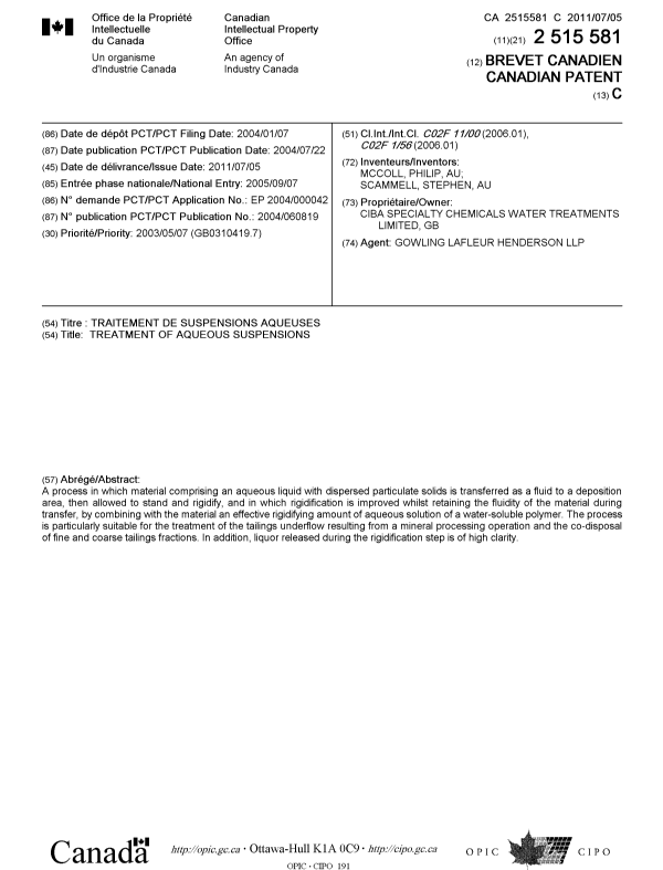 Canadian Patent Document 2515581. Cover Page 20101207. Image 1 of 1