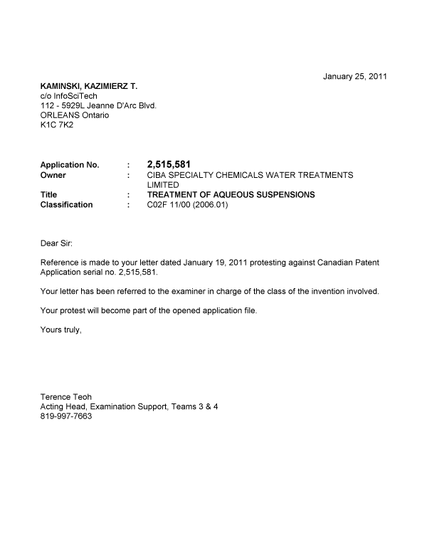 Document de brevet canadien 2515581. Poursuite-Amendment 20101225. Image 2 de 2
