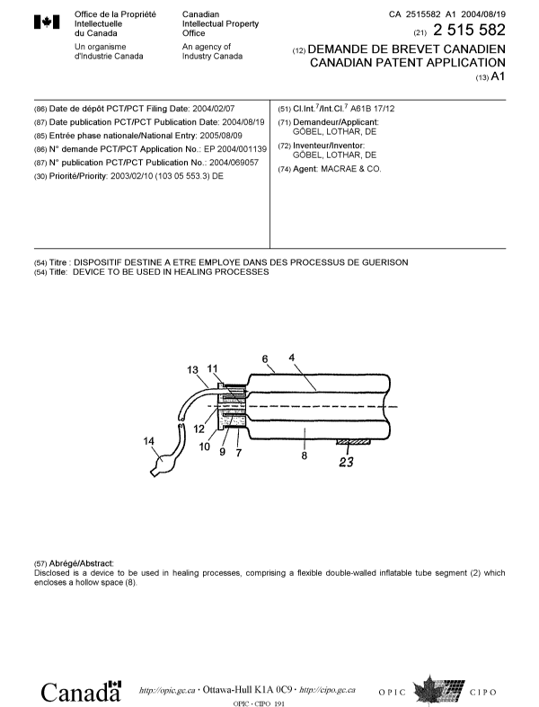 Canadian Patent Document 2515582. Cover Page 20041217. Image 1 of 1