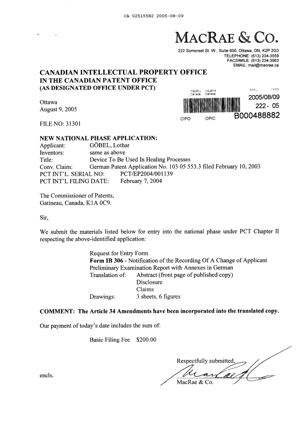 Canadian Patent Document 2515582. Assignment 20050809. Image 1 of 3