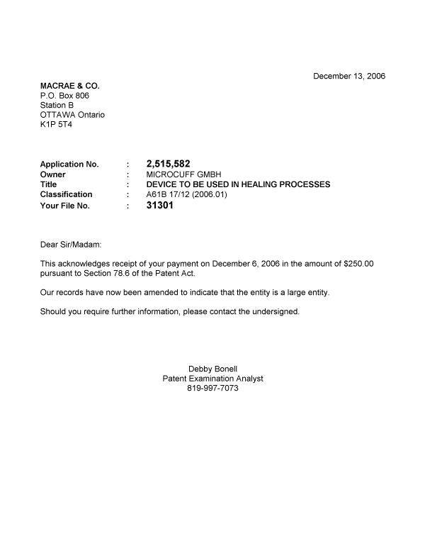Canadian Patent Document 2515582. Correspondence 20051213. Image 1 of 1