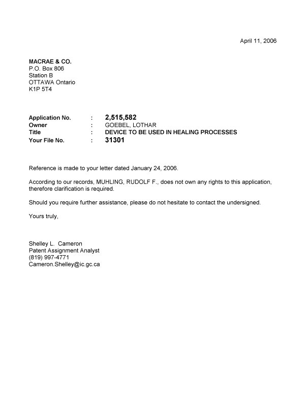 Document de brevet canadien 2515582. Correspondance 20060411. Image 1 de 1