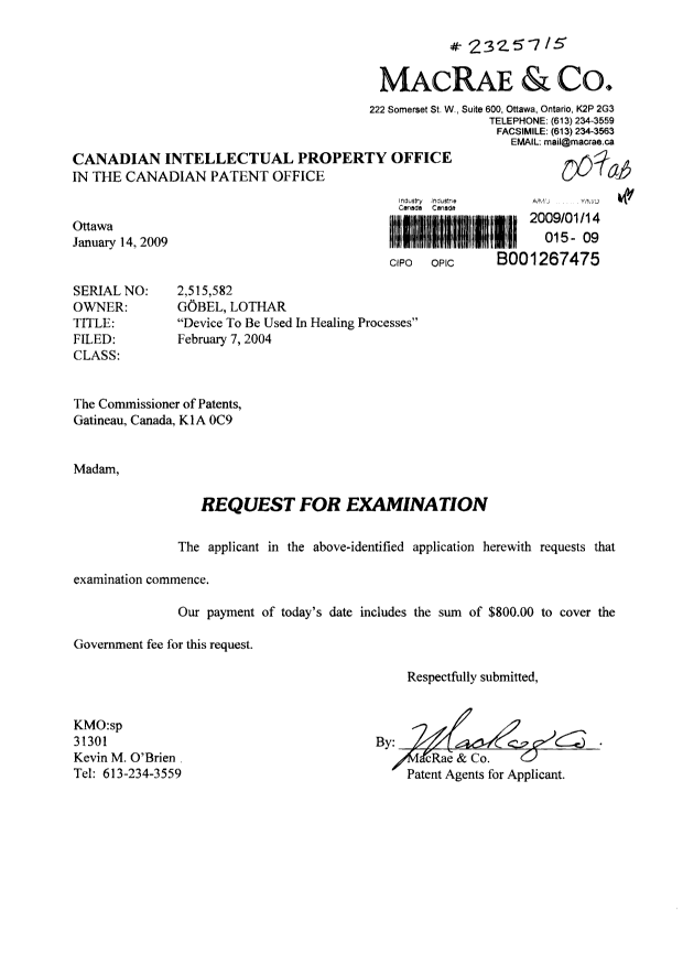 Document de brevet canadien 2515582. Poursuite-Amendment 20081214. Image 1 de 1