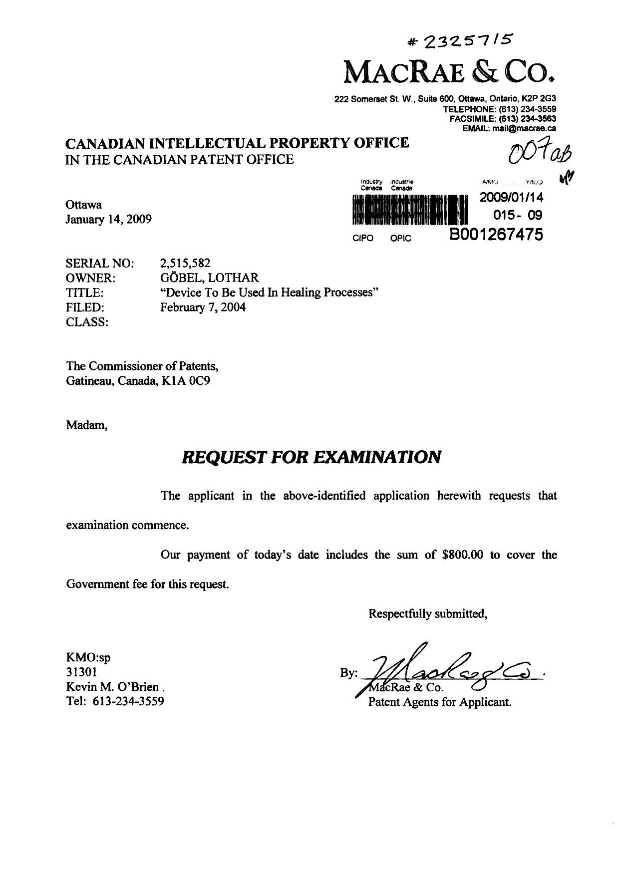 Document de brevet canadien 2515582. Poursuite-Amendment 20081214. Image 1 de 1