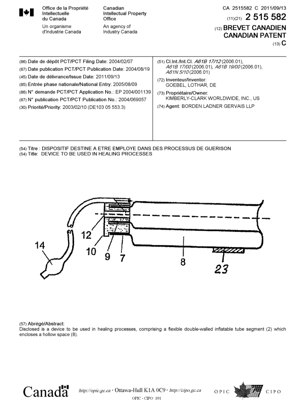 Canadian Patent Document 2515582. Cover Page 20101209. Image 1 of 1