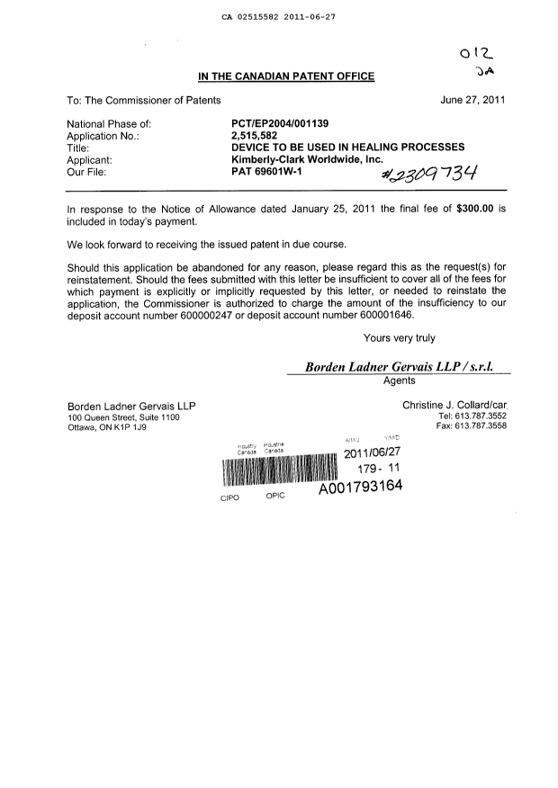 Document de brevet canadien 2515582. Correspondance 20101227. Image 1 de 1
