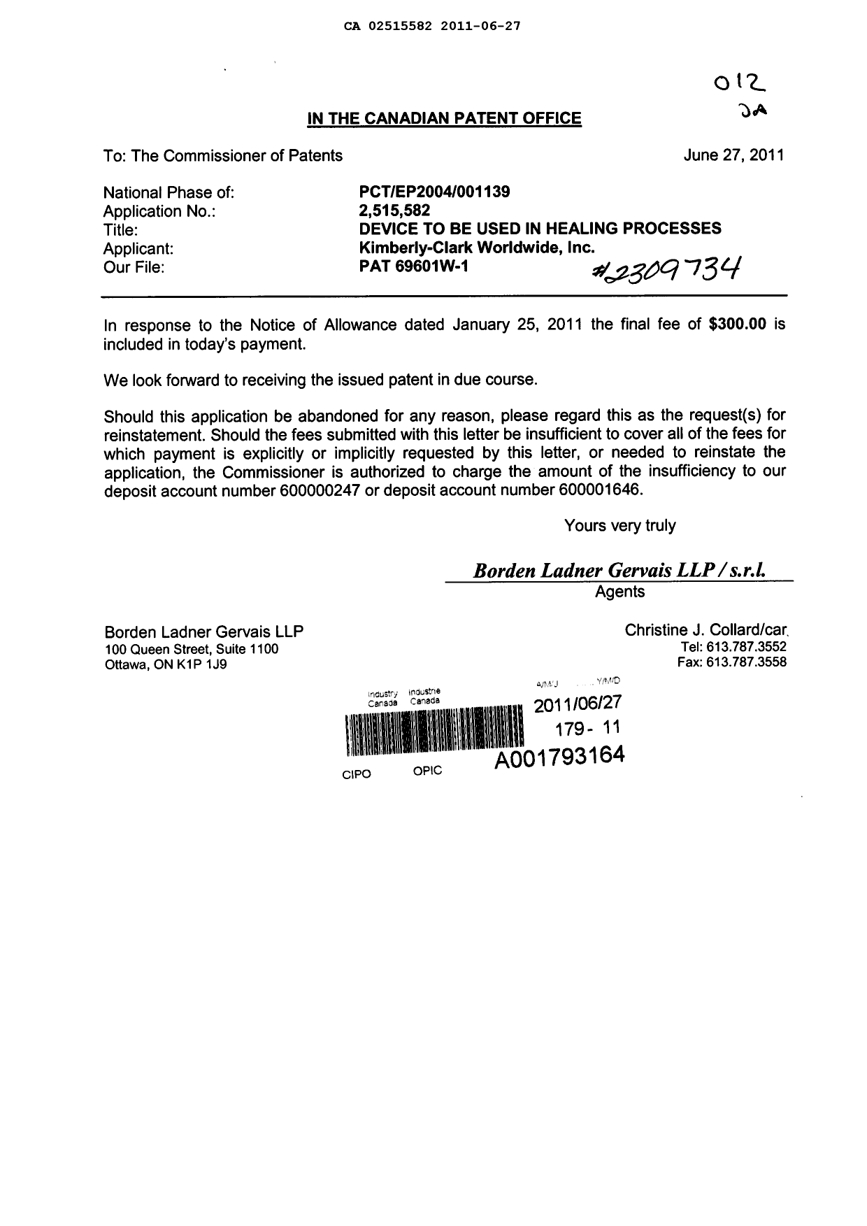 Canadian Patent Document 2515582. Correspondence 20101227. Image 1 of 1