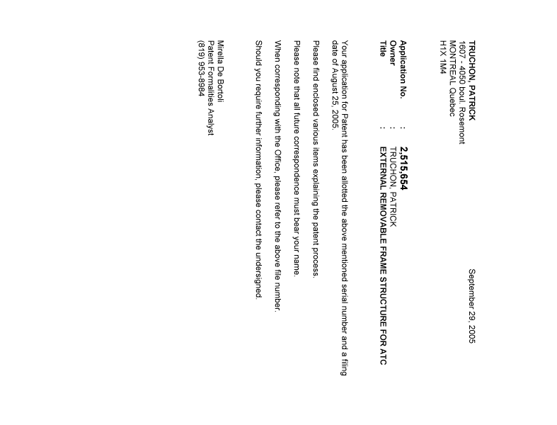 Document de brevet canadien 2515654. Correspondance 20050927. Image 1 de 1