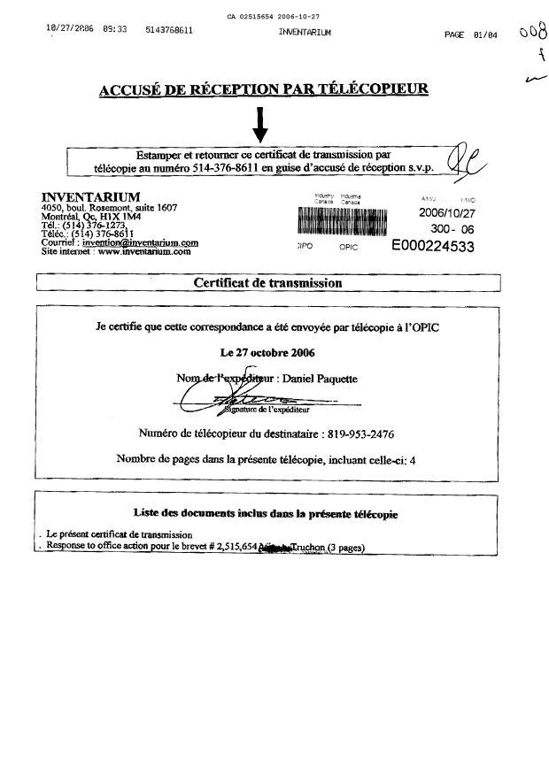Canadian Patent Document 2515654. Prosecution-Amendment 20061027. Image 1 of 4