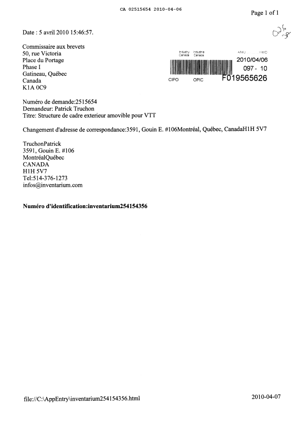 Document de brevet canadien 2515654. Correspondance 20100406. Image 1 de 1