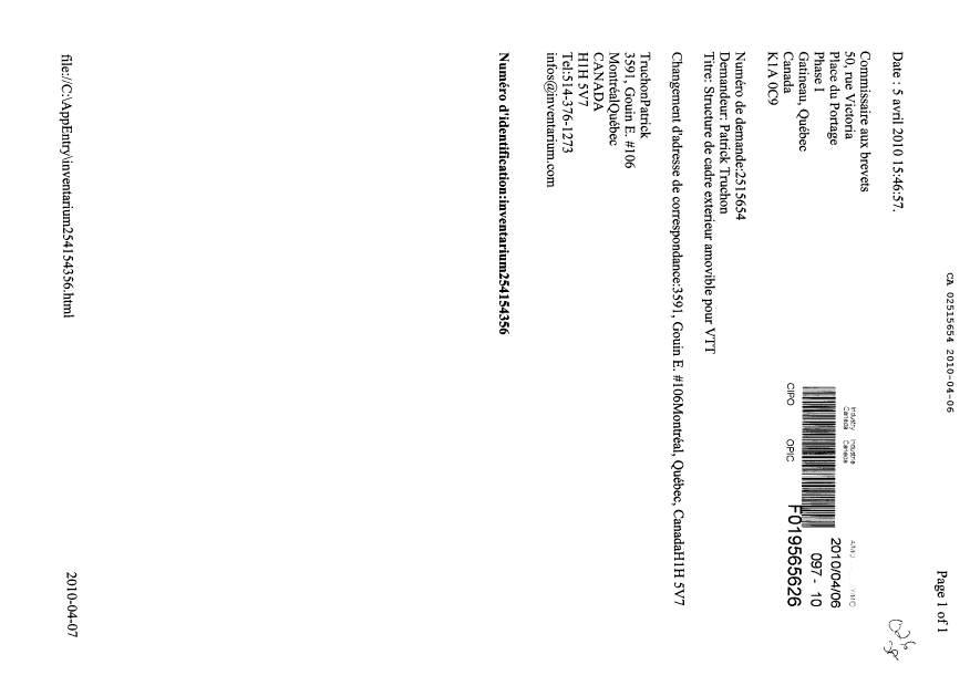 Document de brevet canadien 2515654. Correspondance 20100406. Image 1 de 1