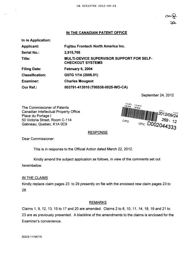 Document de brevet canadien 2515766. Poursuite-Amendment 20120924. Image 1 de 17