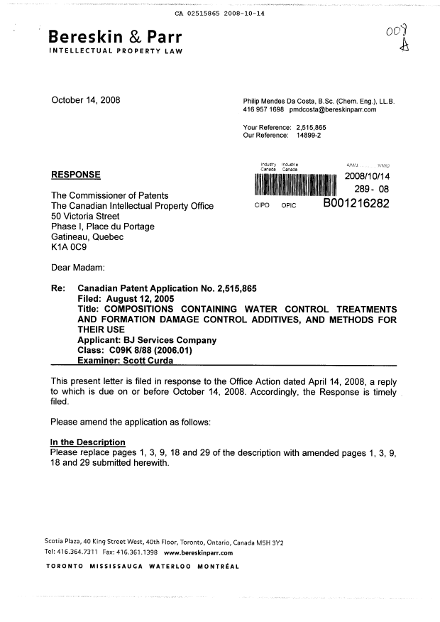 Canadian Patent Document 2515865. Prosecution-Amendment 20081014. Image 1 of 16