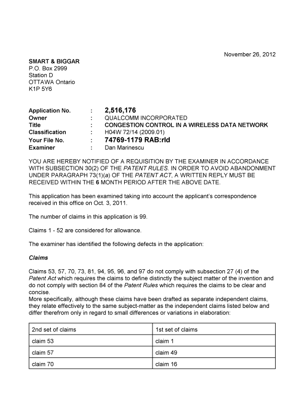 Document de brevet canadien 2516176. Poursuite-Amendment 20121126. Image 1 de 2