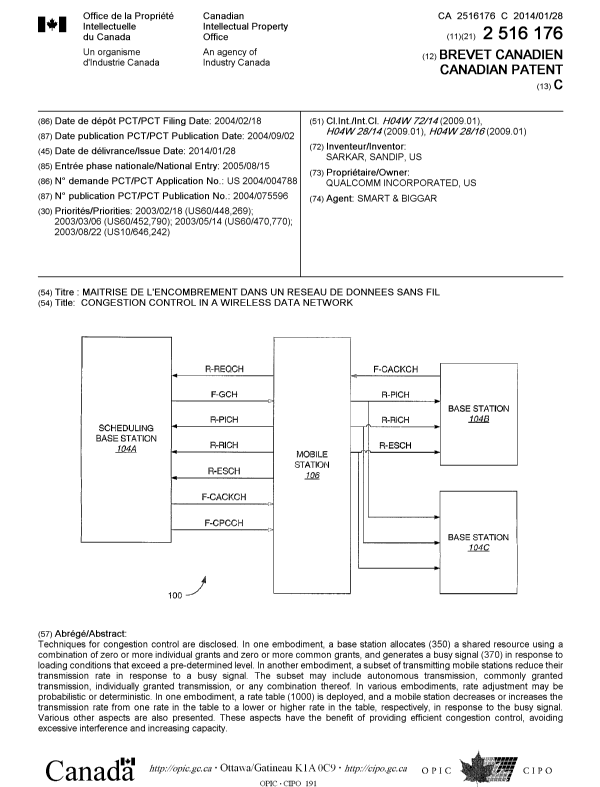Document de brevet canadien 2516176. Page couverture 20131224. Image 1 de 1