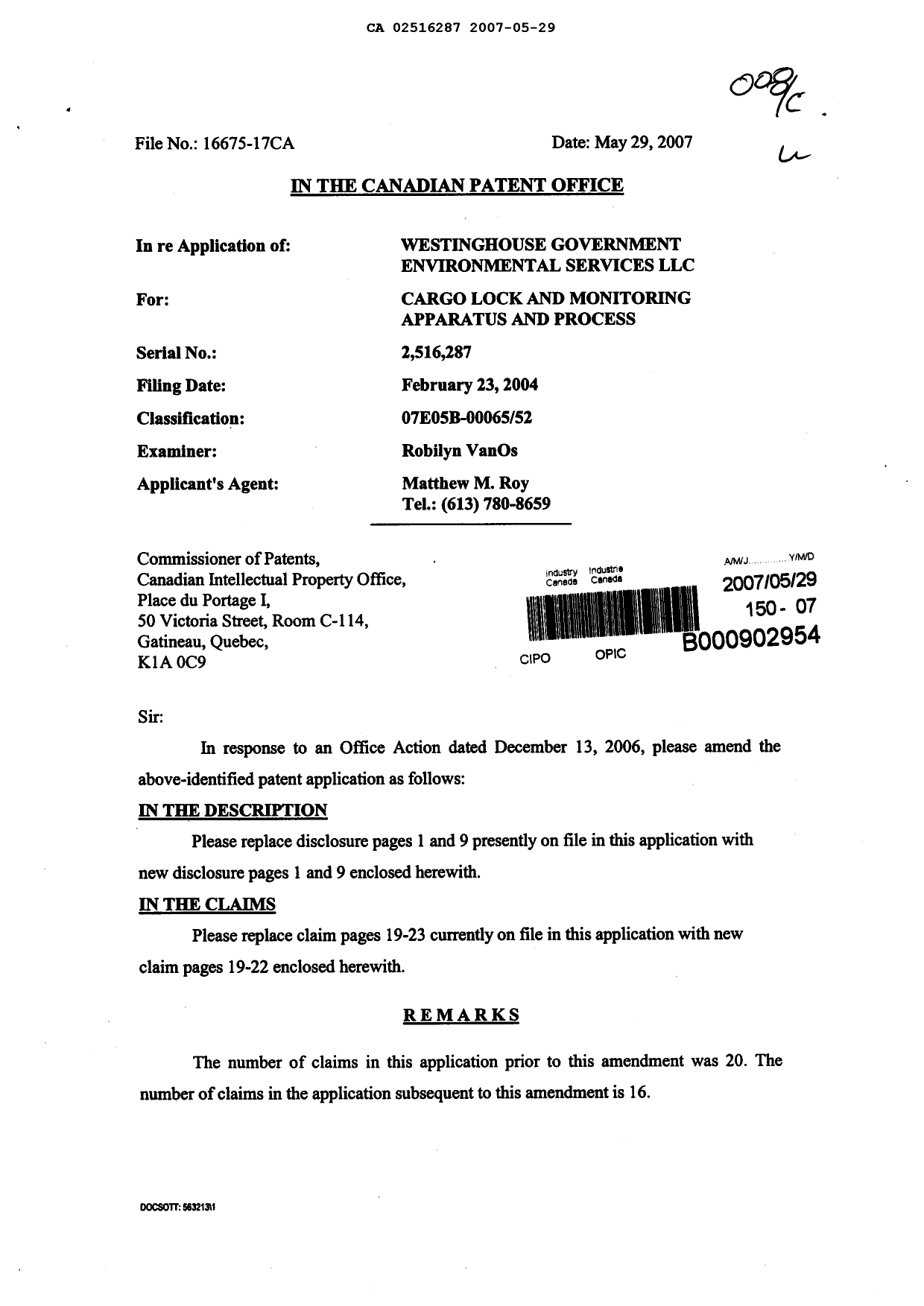 Document de brevet canadien 2516287. Poursuite-Amendment 20061229. Image 1 de 13