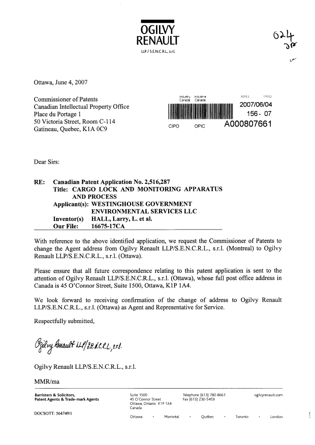 Document de brevet canadien 2516287. Correspondance 20070604. Image 1 de 1