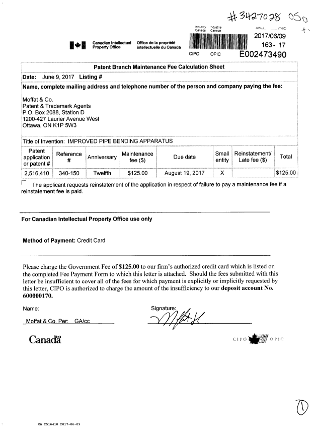 Canadian Patent Document 2516410. Maintenance Fee Payment 20170609. Image 1 of 1