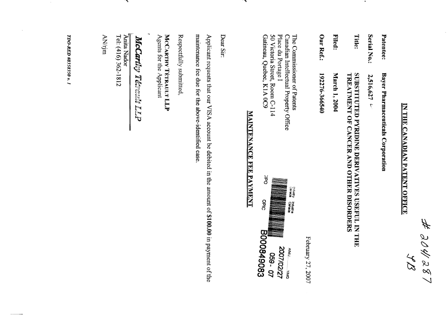 Canadian Patent Document 2516627. Fees 20070227. Image 1 of 1
