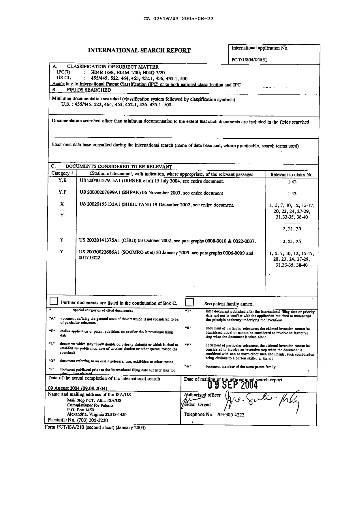 Document de brevet canadien 2516743. PCT 20050822. Image 1 de 3