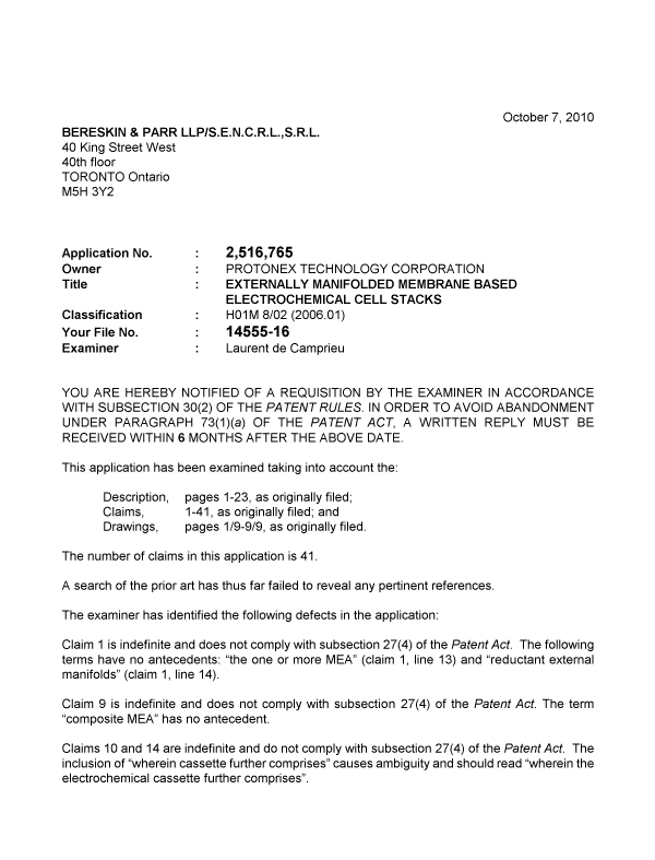 Document de brevet canadien 2516765. Poursuite-Amendment 20101007. Image 1 de 3