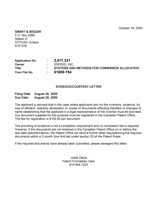 Document de brevet canadien 2517331. Correspondance 20051011. Image 1 de 1