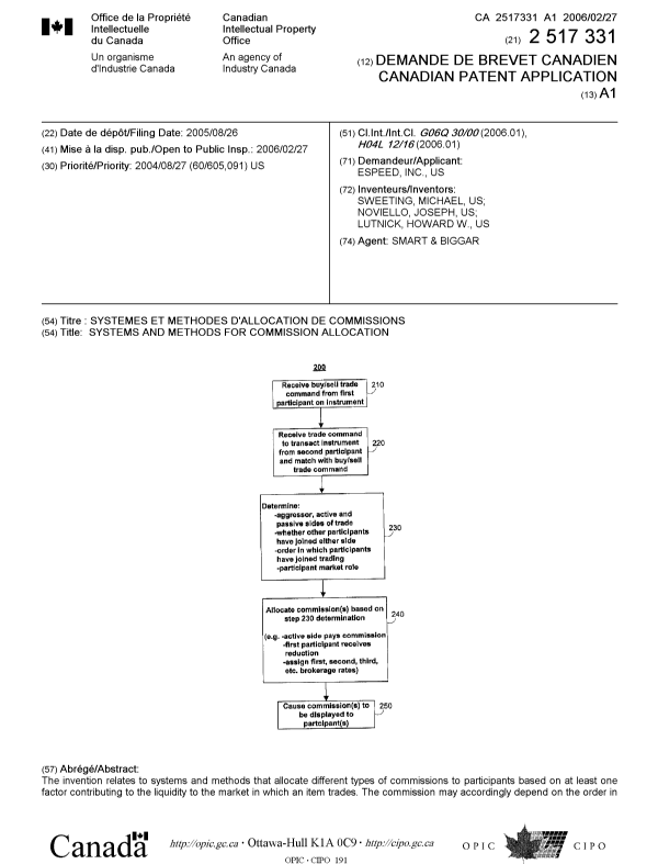 Document de brevet canadien 2517331. Page couverture 20060207. Image 1 de 2