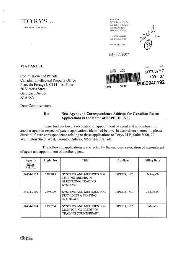 Document de brevet canadien 2517331. Correspondance 20070717. Image 1 de 9