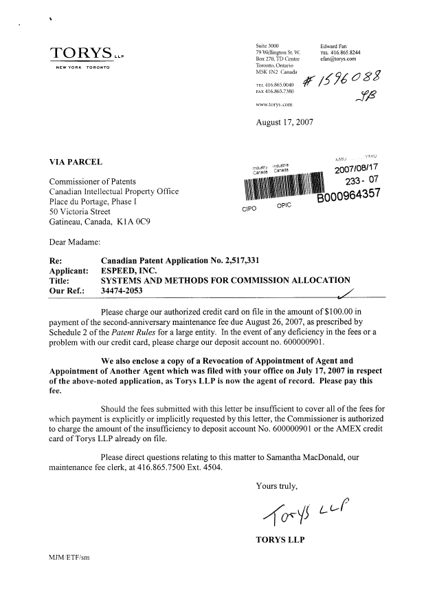 Document de brevet canadien 2517331. Taxes 20070817. Image 1 de 5