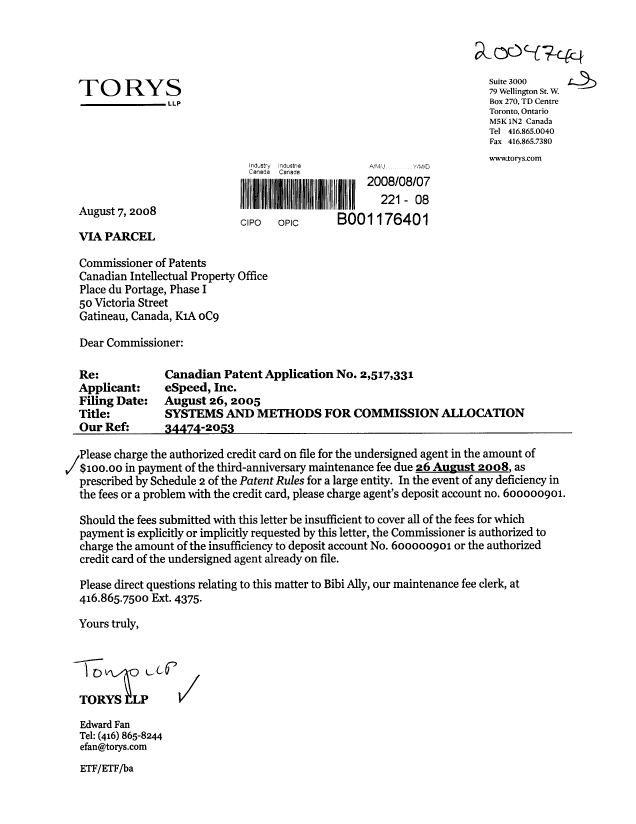Document de brevet canadien 2517331. Taxes 20080807. Image 1 de 1