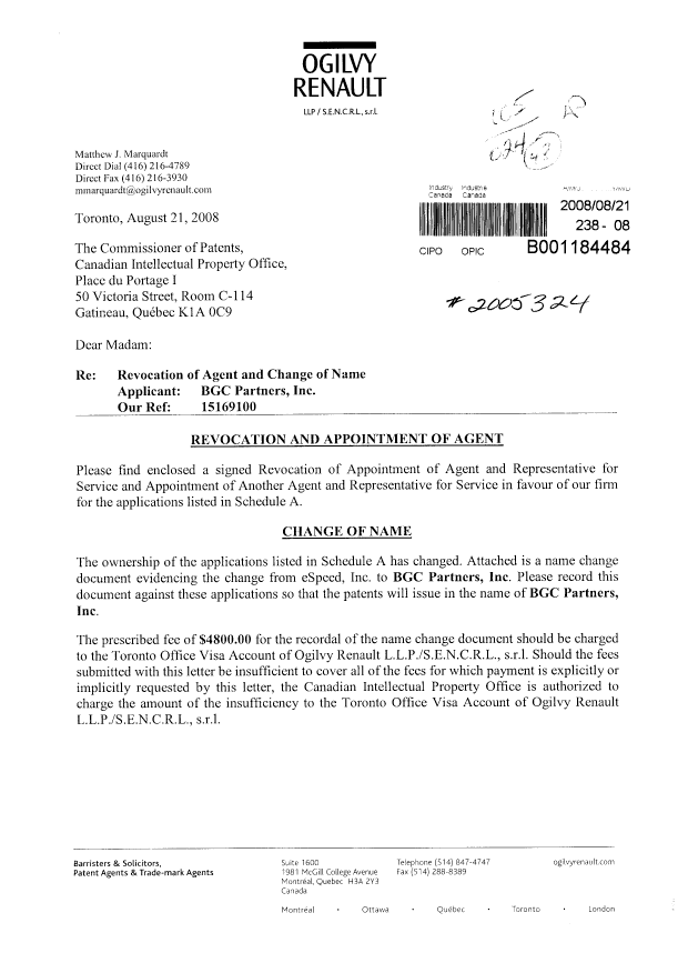 Document de brevet canadien 2517331. Correspondance 20080821. Image 1 de 6