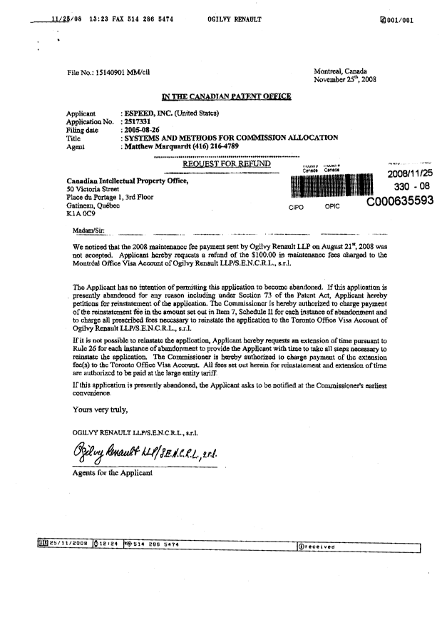 Document de brevet canadien 2517331. Correspondance 20081125. Image 1 de 1