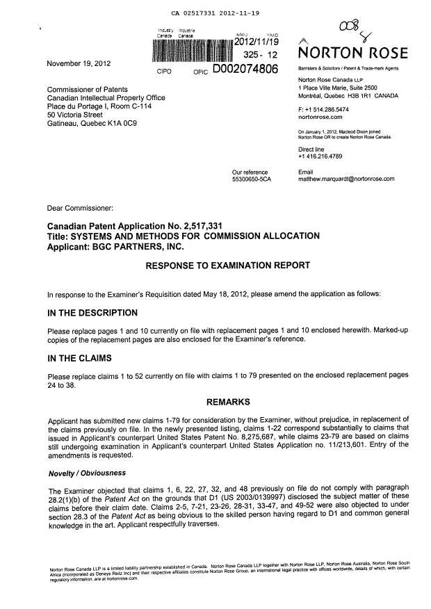 Document de brevet canadien 2517331. Poursuite-Amendment 20121119. Image 1 de 22