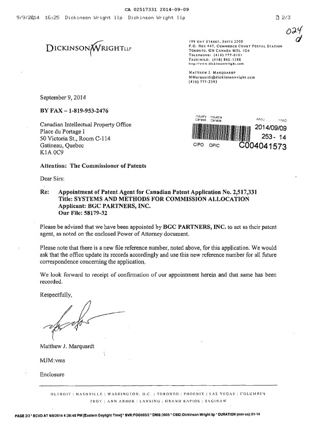 Document de brevet canadien 2517331. Correspondance 20140909. Image 1 de 3