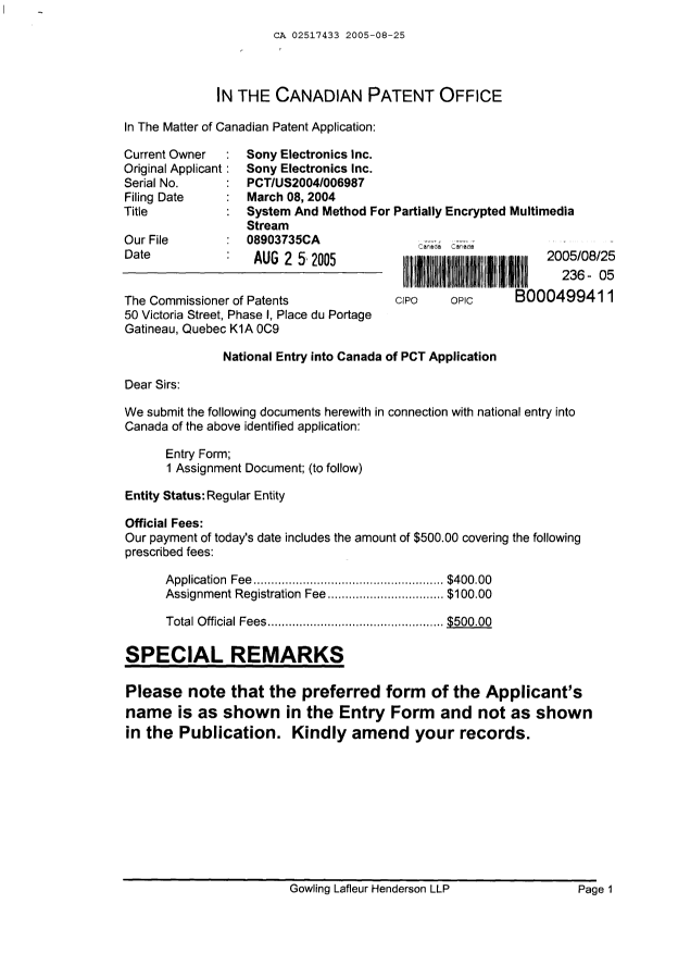 Canadian Patent Document 2517433. Assignment 20050825. Image 1 of 6