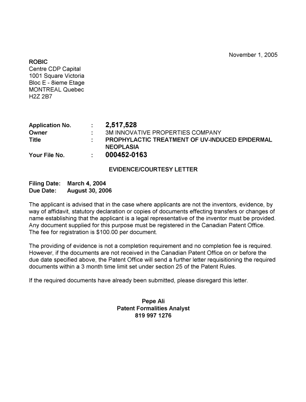 Document de brevet canadien 2517528. Correspondance 20051027. Image 1 de 1