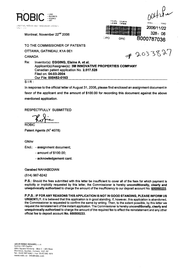Document de brevet canadien 2517528. Cession 20061122. Image 1 de 3