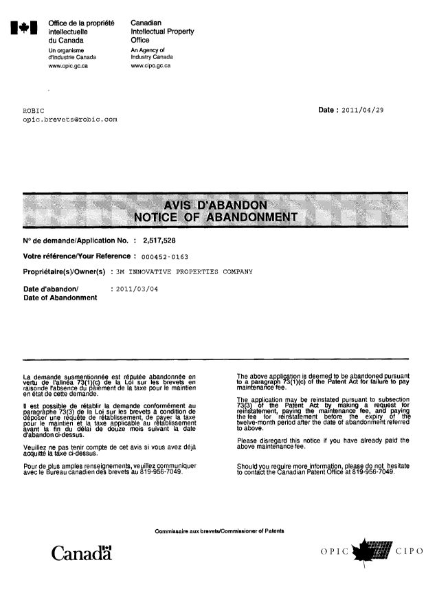 Document de brevet canadien 2517528. Correspondance 20110429. Image 1 de 1