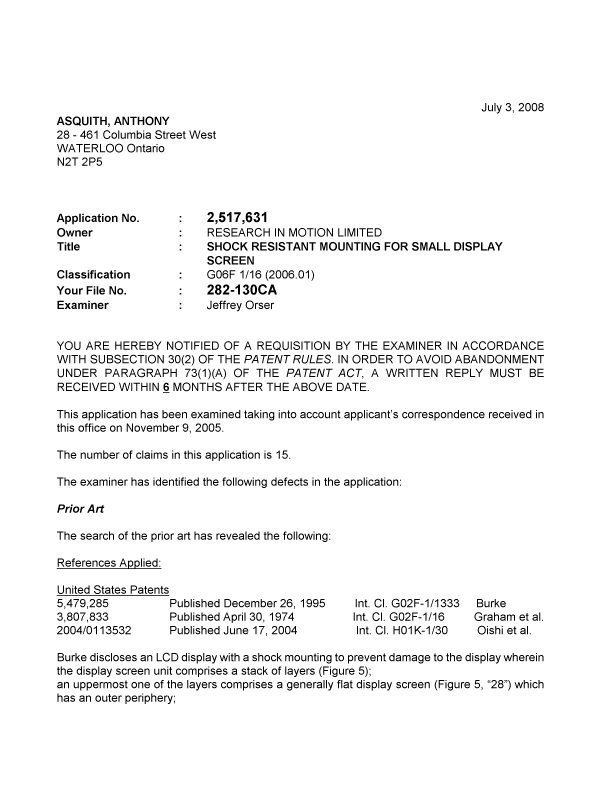 Canadian Patent Document 2517631. Prosecution-Amendment 20080703. Image 1 of 3