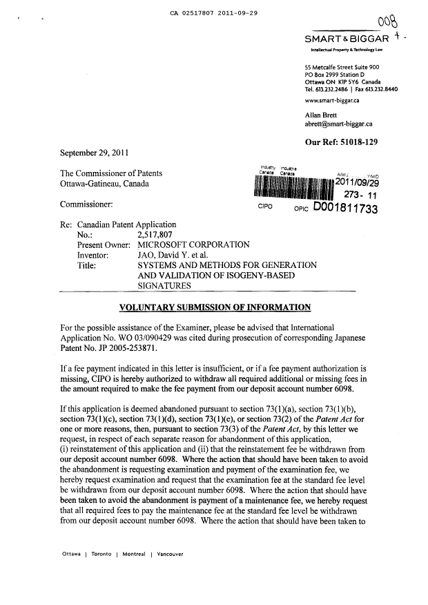 Canadian Patent Document 2517807. Prosecution-Amendment 20110929. Image 1 of 2