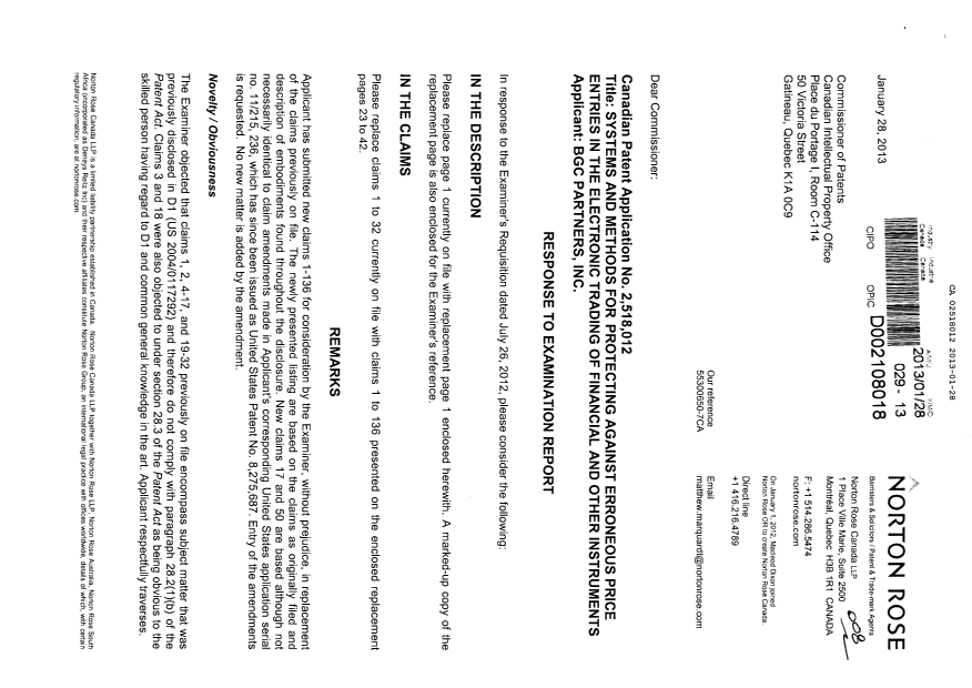 Canadian Patent Document 2518012. Prosecution-Amendment 20130128. Image 1 of 25