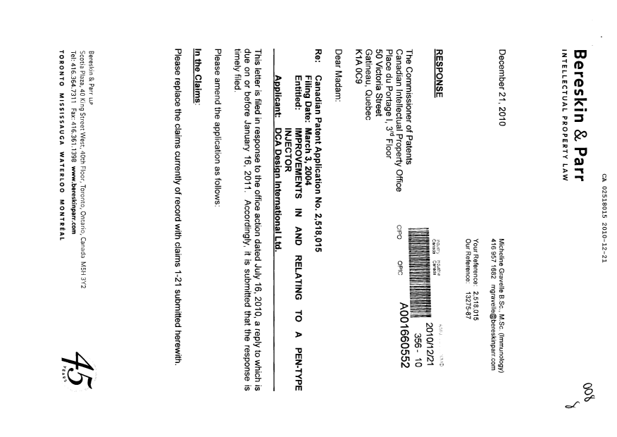 Canadian Patent Document 2518015. Prosecution-Amendment 20101221. Image 1 of 8