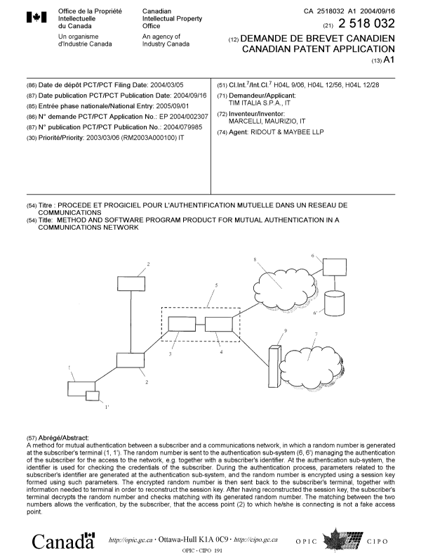 Document de brevet canadien 2518032. Page couverture 20051103. Image 1 de 1