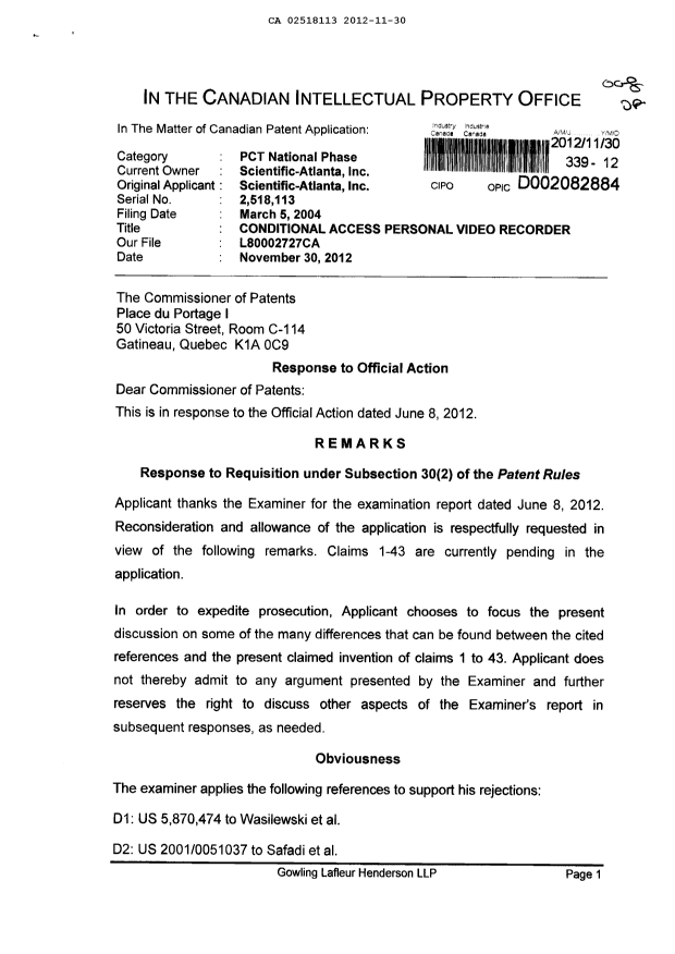 Canadian Patent Document 2518113. Prosecution-Amendment 20121130. Image 1 of 5