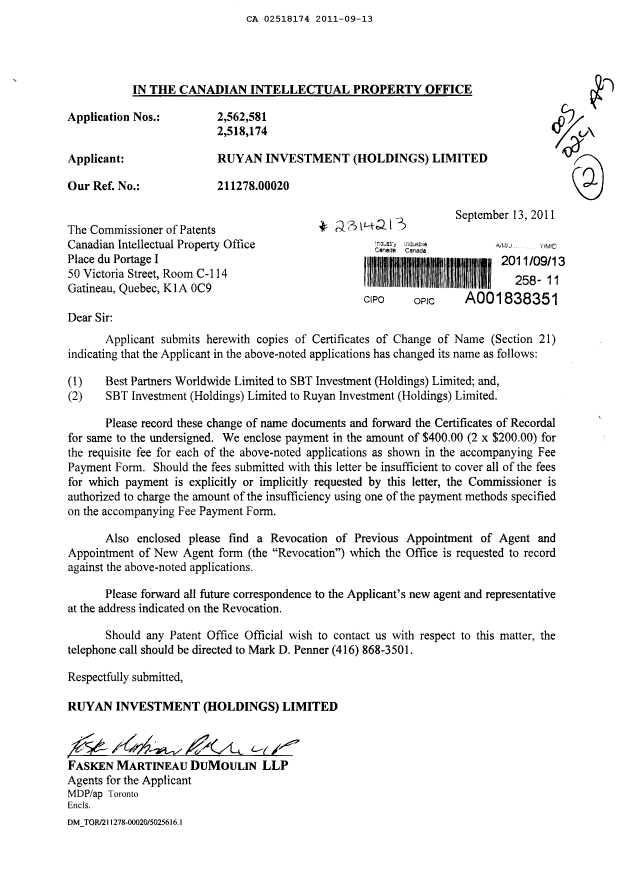 Document de brevet canadien 2518174. Cession 20110913. Image 1 de 3