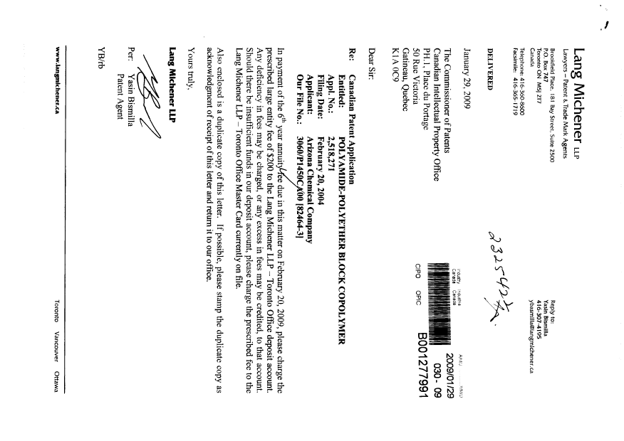 Canadian Patent Document 2518271. Fees 20090129. Image 1 of 1